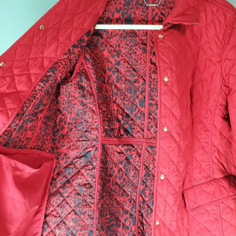 Chico's Womens Red Modern Quilted Jacket Animal Print Lined Pockets Size 2 Large